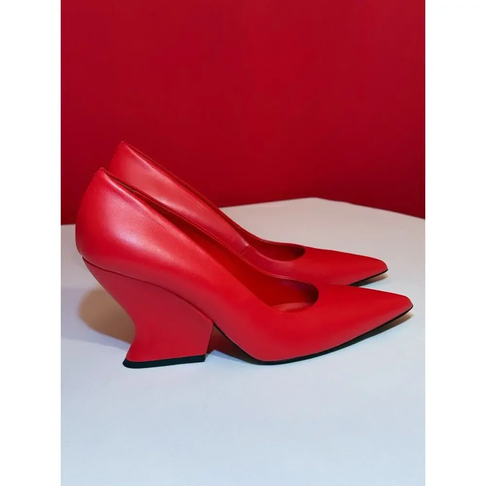 Sz 40 US 8.5 Italy Pumps Sheepskin Red 8 Yoox Wedge Pointed Toe Geometric Heel